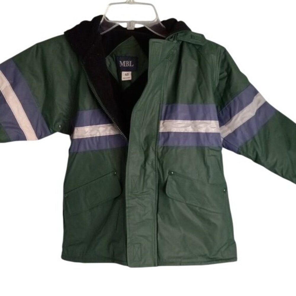 MBL 4/5 Boys Reflective Hooded Jacket Green Blue PVC Vinyl Polyester Coat